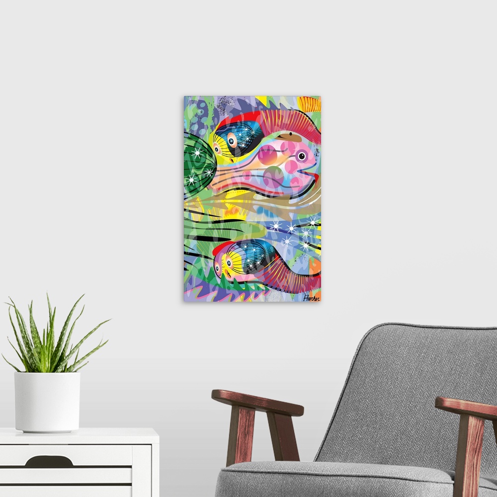 A modern room featuring Hippy Fish
