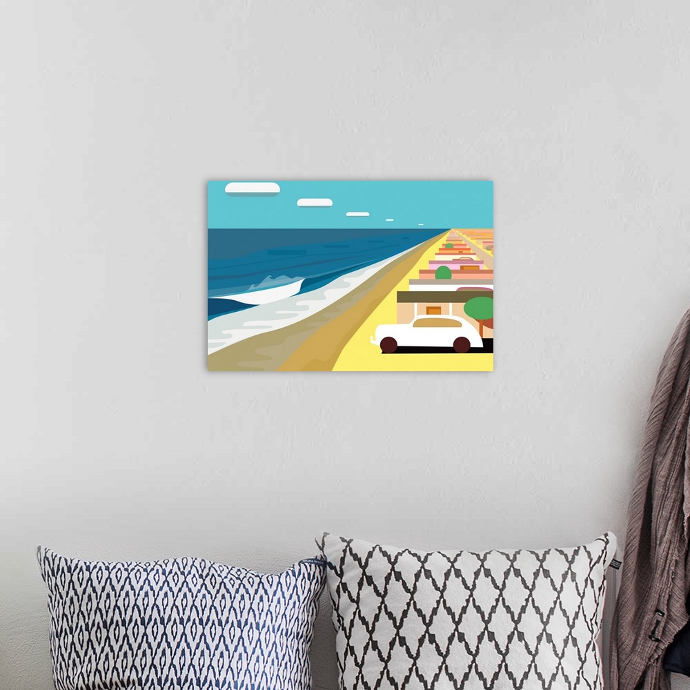 A bohemian room featuring A horizontal digital illustration of a beach with rows of cottages and a parked car.