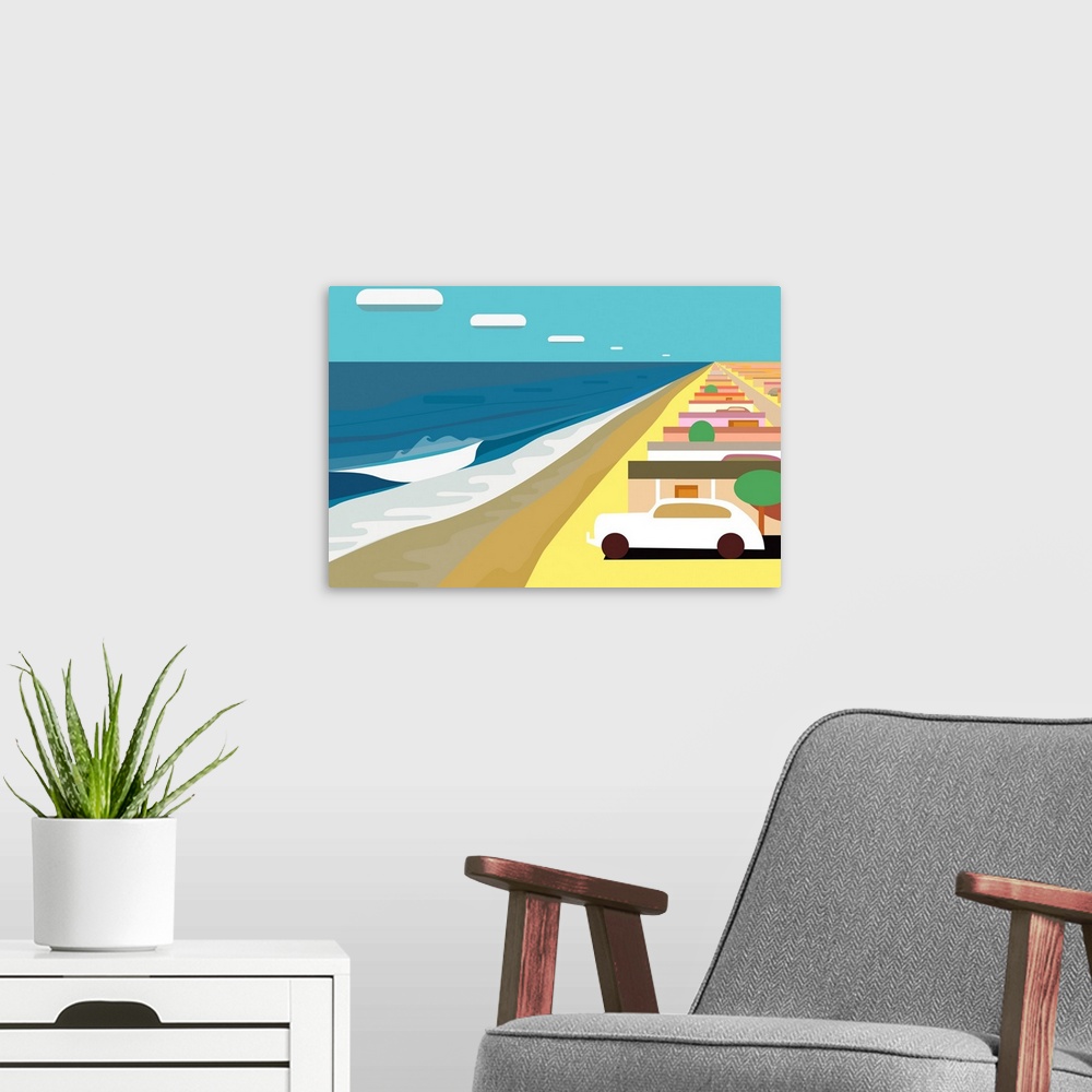 A modern room featuring A horizontal digital illustration of a beach with rows of cottages and a parked car.