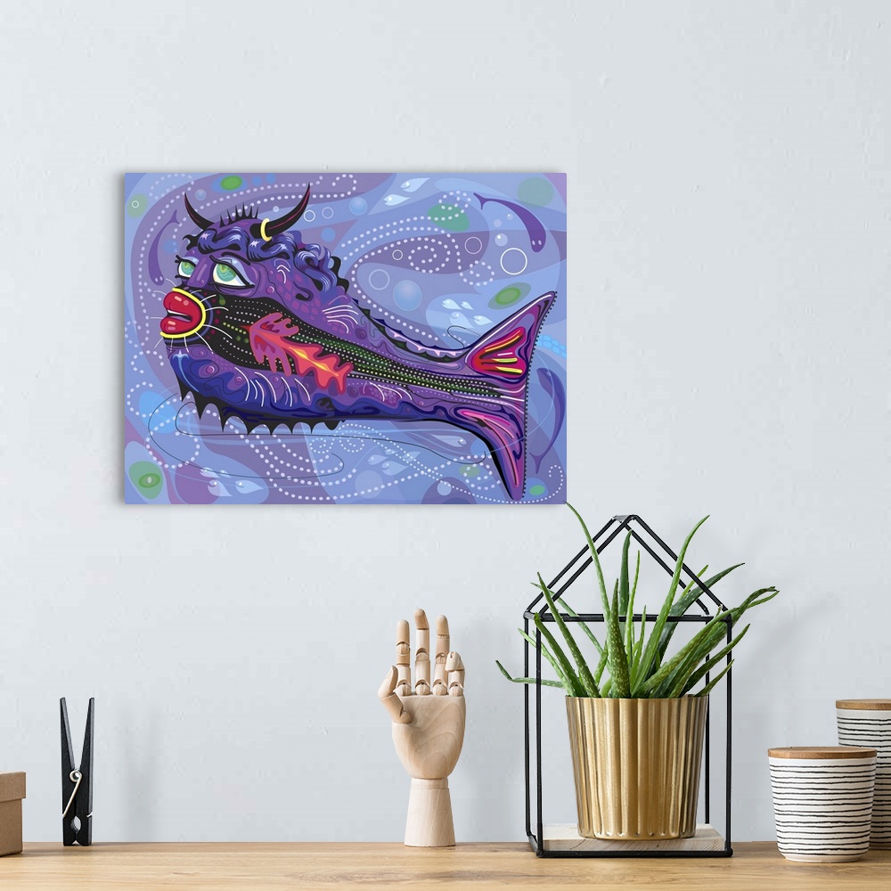 A bohemian room featuring Tropical Bull Fish Illustration on swirling underwater background. Painting