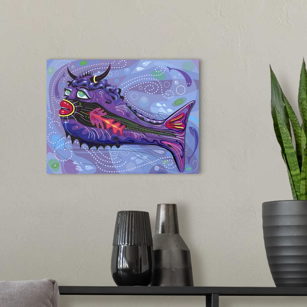 A modern room featuring Tropical Bull Fish Illustration on swirling underwater background. Painting