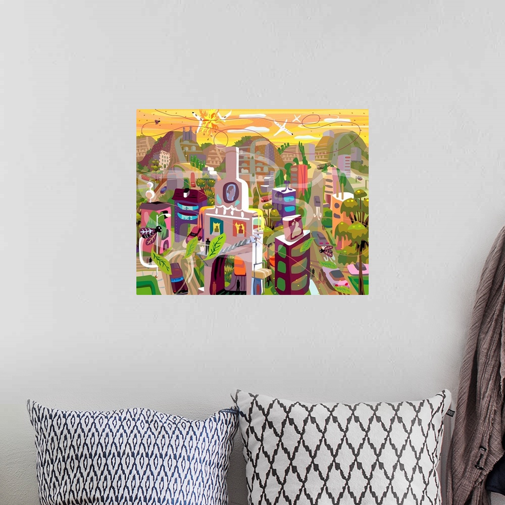A bohemian room featuring Neo rococo fantasy image of Latin American city with buzzing motion consisting of plancs, flying ...