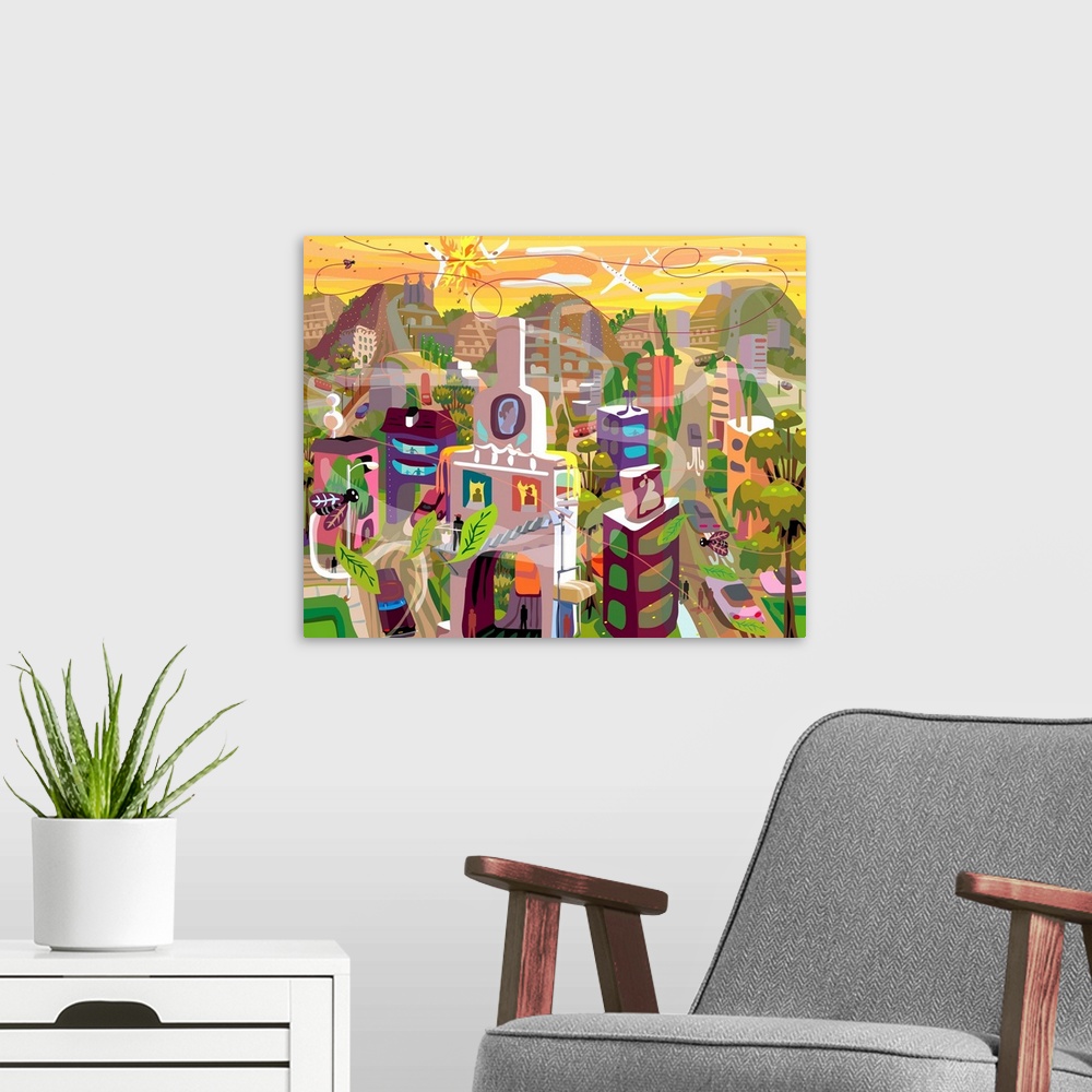 A modern room featuring Neo rococo fantasy image of Latin American city with buzzing motion consisting of plancs, flying ...
