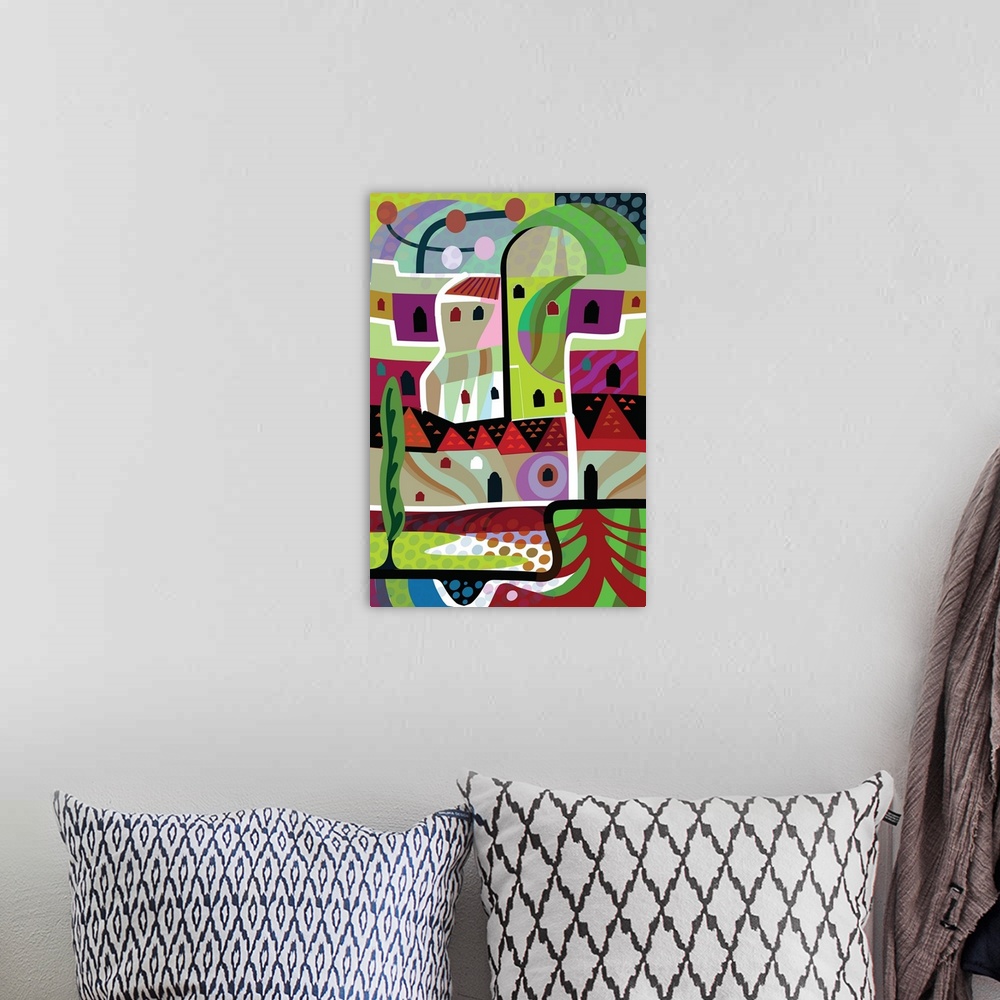 A bohemian room featuring Digital vertical illustration of an abstract landscape.