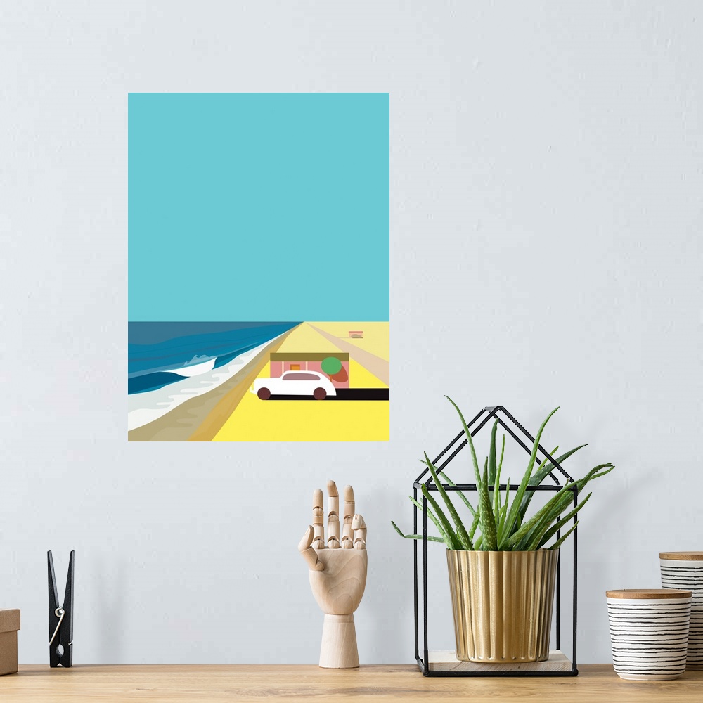 A bohemian room featuring A vertical digital illustration of a beach with a single house and a parked car.
