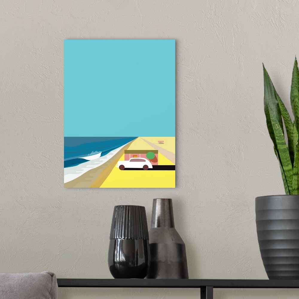 A modern room featuring A vertical digital illustration of a beach with a single house and a parked car.