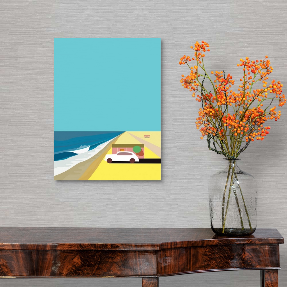 A traditional room featuring A vertical digital illustration of a beach with a single house and a parked car.