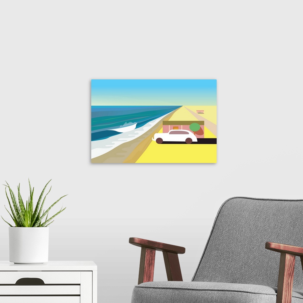 A modern room featuring A horizontal digital illustration of a beach with a single house and a parked car.