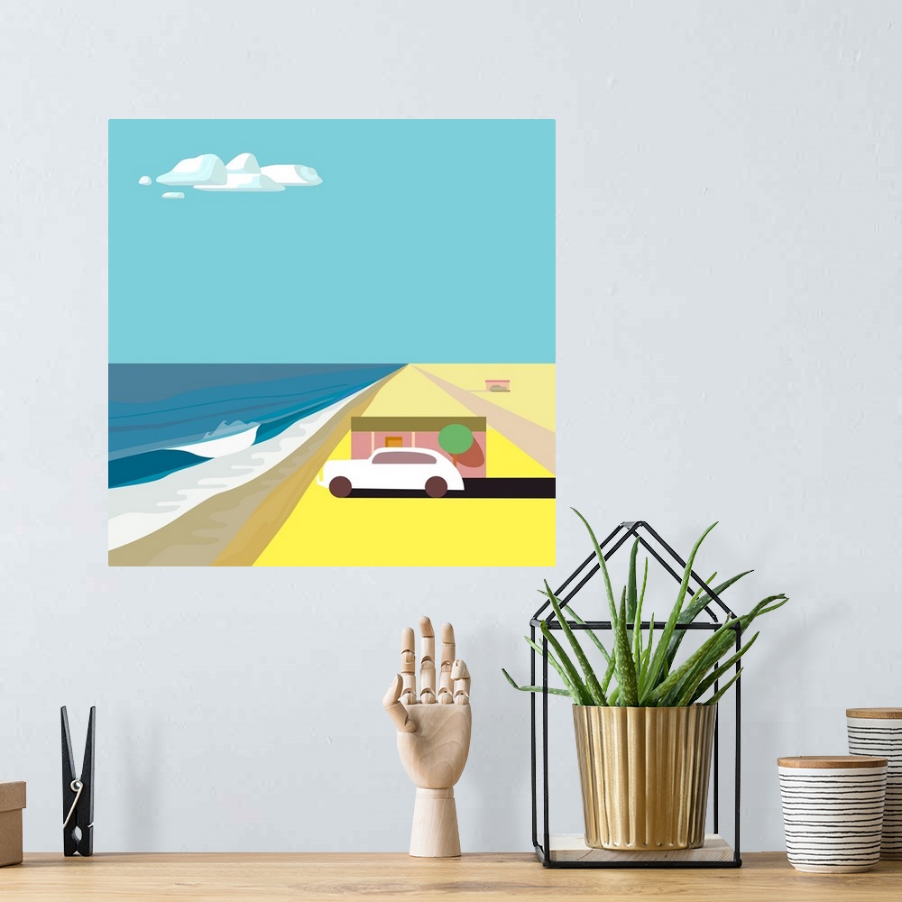 A bohemian room featuring A square digital illustration of a beach with a single house and a parked car.