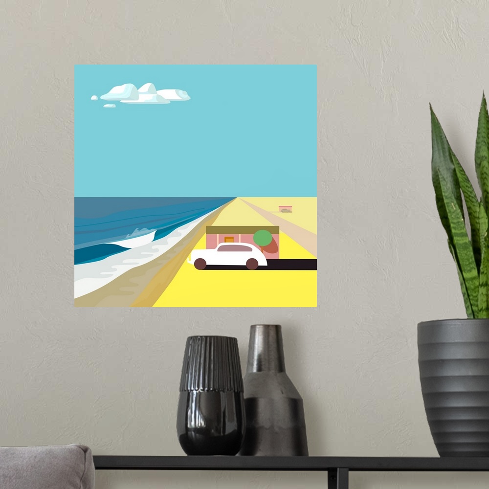 A modern room featuring A square digital illustration of a beach with a single house and a parked car.