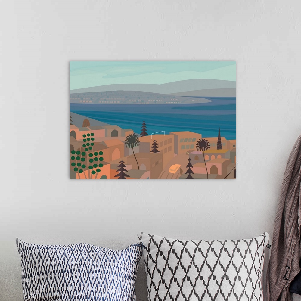 A bohemian room featuring Mexican town by the sea and desert. Illustration and painting.