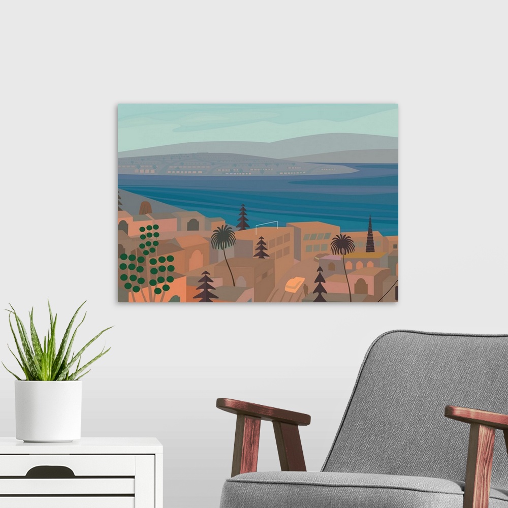 A modern room featuring Mexican town by the sea and desert. Illustration and painting.