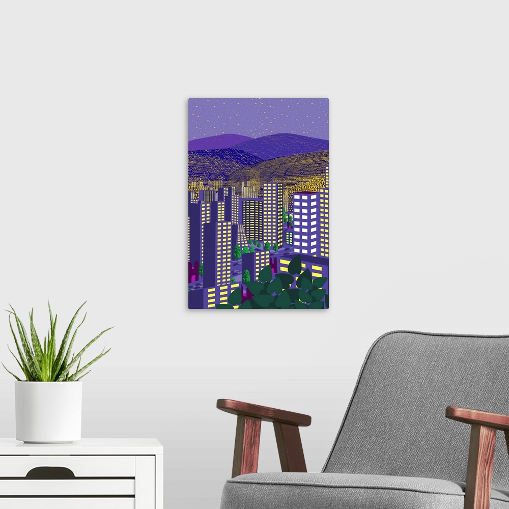 A modern room featuring Inspired by Mexico City at night. Illustration and painting