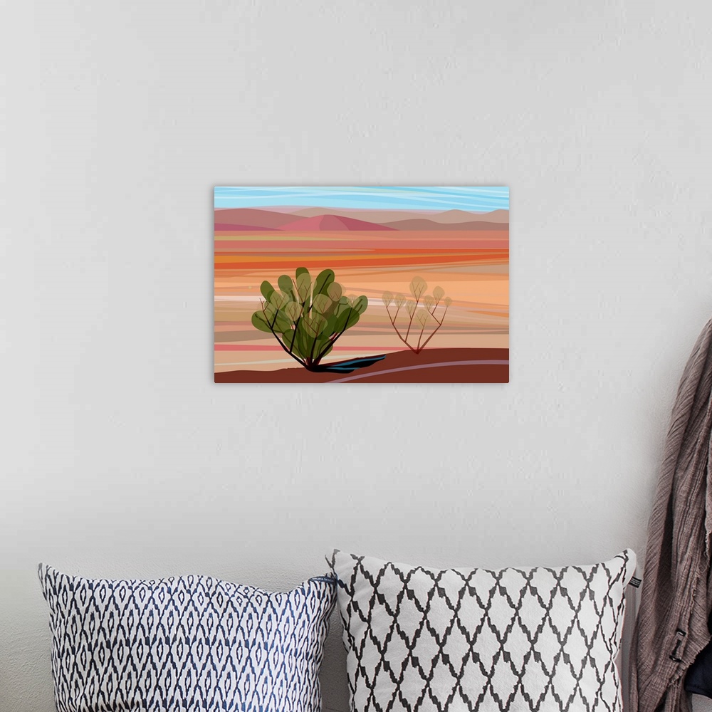 A bohemian room featuring A horizontal digital illustration of cacti in the Mojave Desert with rolling desert hills in the ...