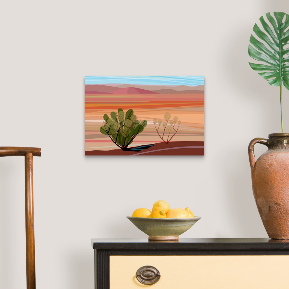A traditional room featuring A horizontal digital illustration of cacti in the Mojave Desert with rolling desert hills in the ...