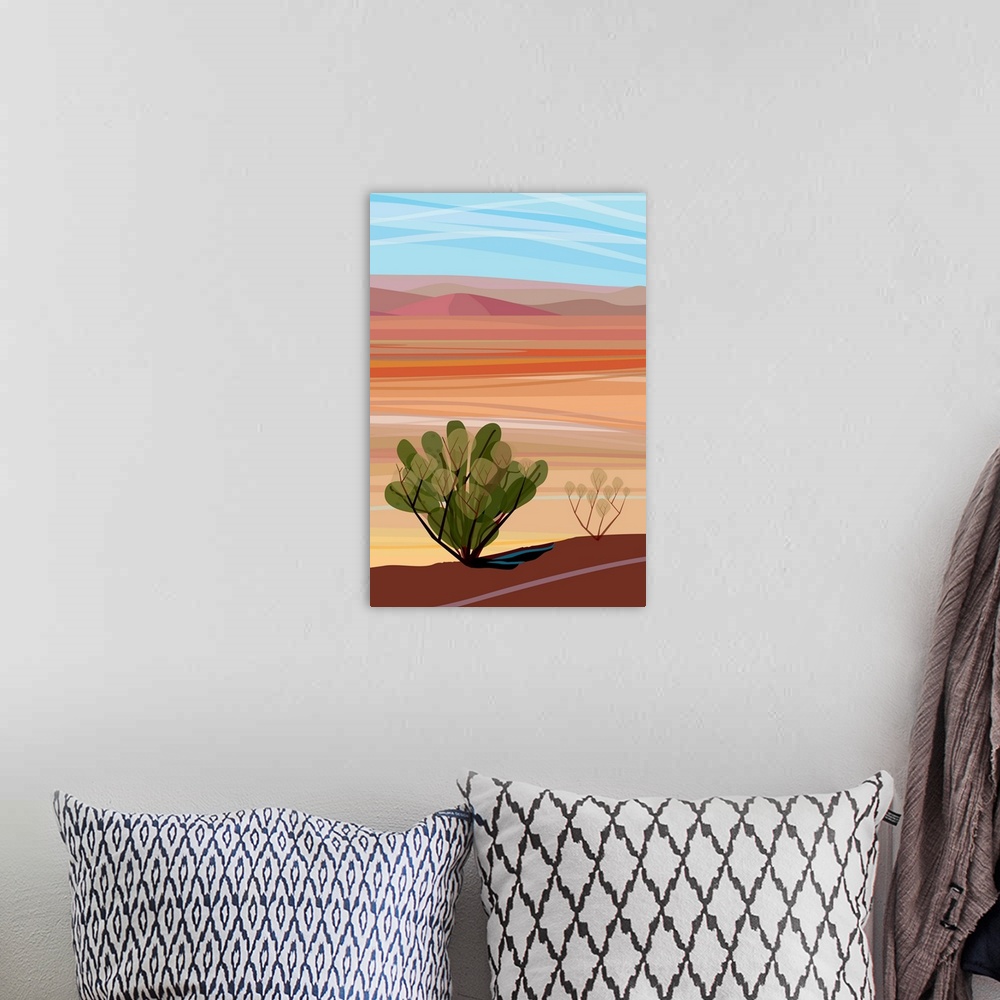 A bohemian room featuring A vertical digital illustration of cacti in the Mojave Desert with rolling desert hills in the ba...