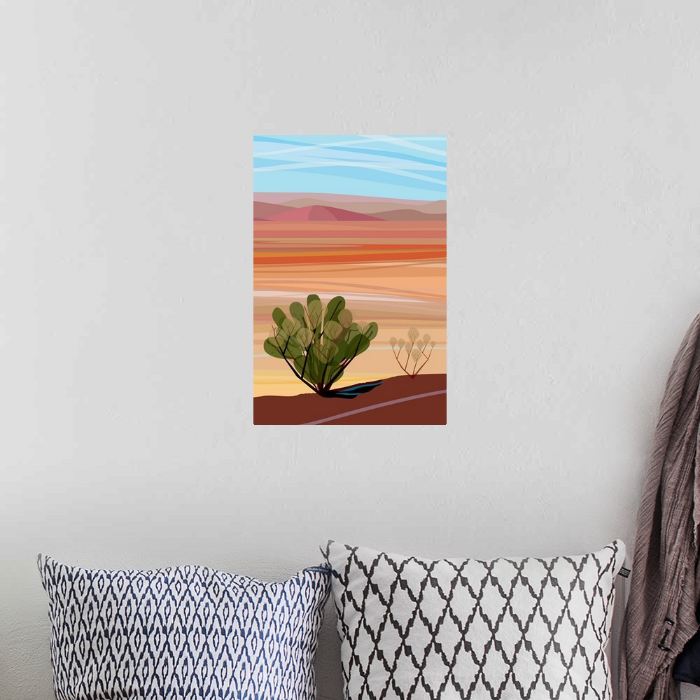 A bohemian room featuring A vertical digital illustration of cacti in the Mojave Desert with rolling desert hills in the ba...