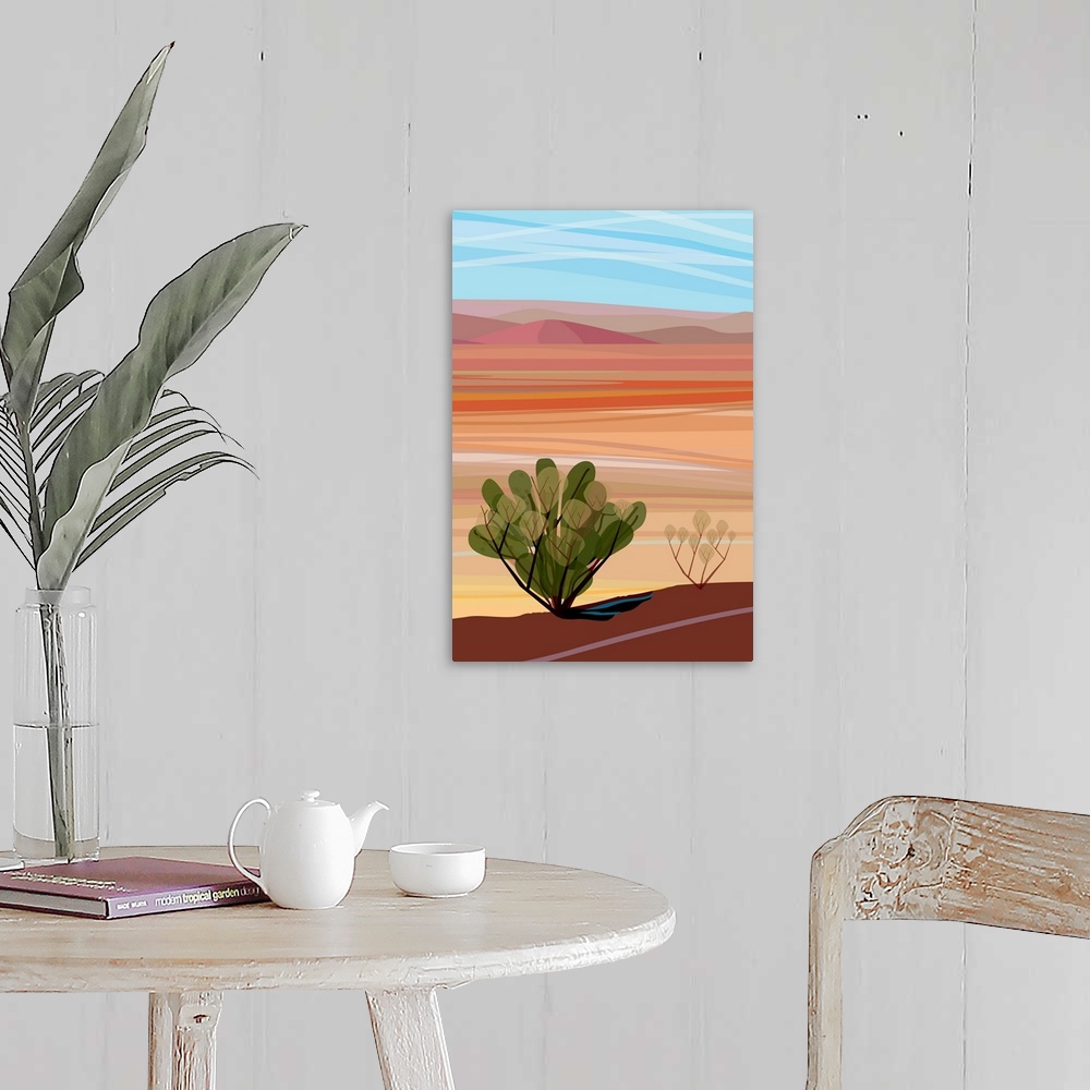A farmhouse room featuring A vertical digital illustration of cacti in the Mojave Desert with rolling desert hills in the ba...