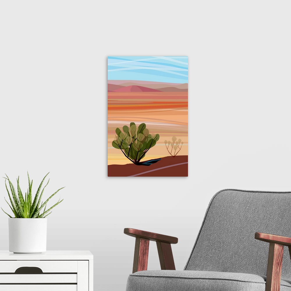 A modern room featuring A vertical digital illustration of cacti in the Mojave Desert with rolling desert hills in the ba...