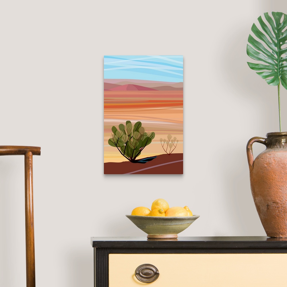 A traditional room featuring A vertical digital illustration of cacti in the Mojave Desert with rolling desert hills in the ba...