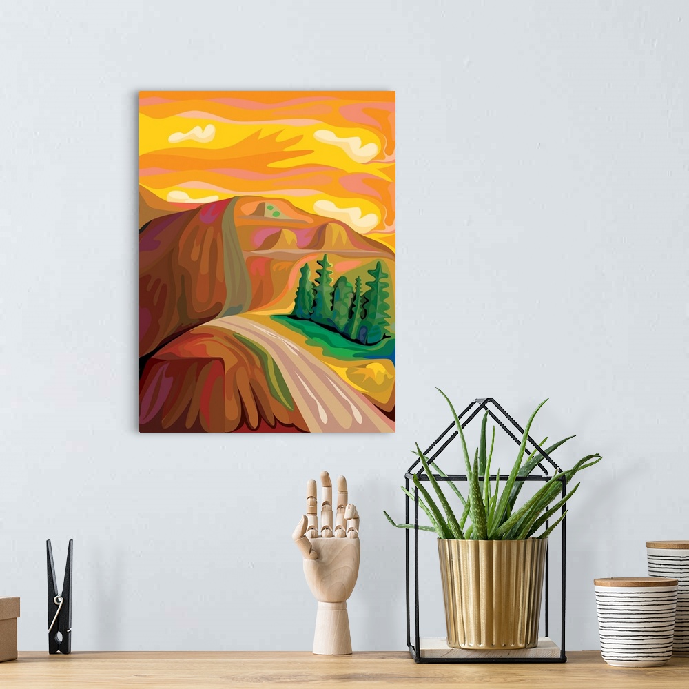 A bohemian room featuring A vertical illustration of a road along a mountain with a vibrant yellow and gold sky.