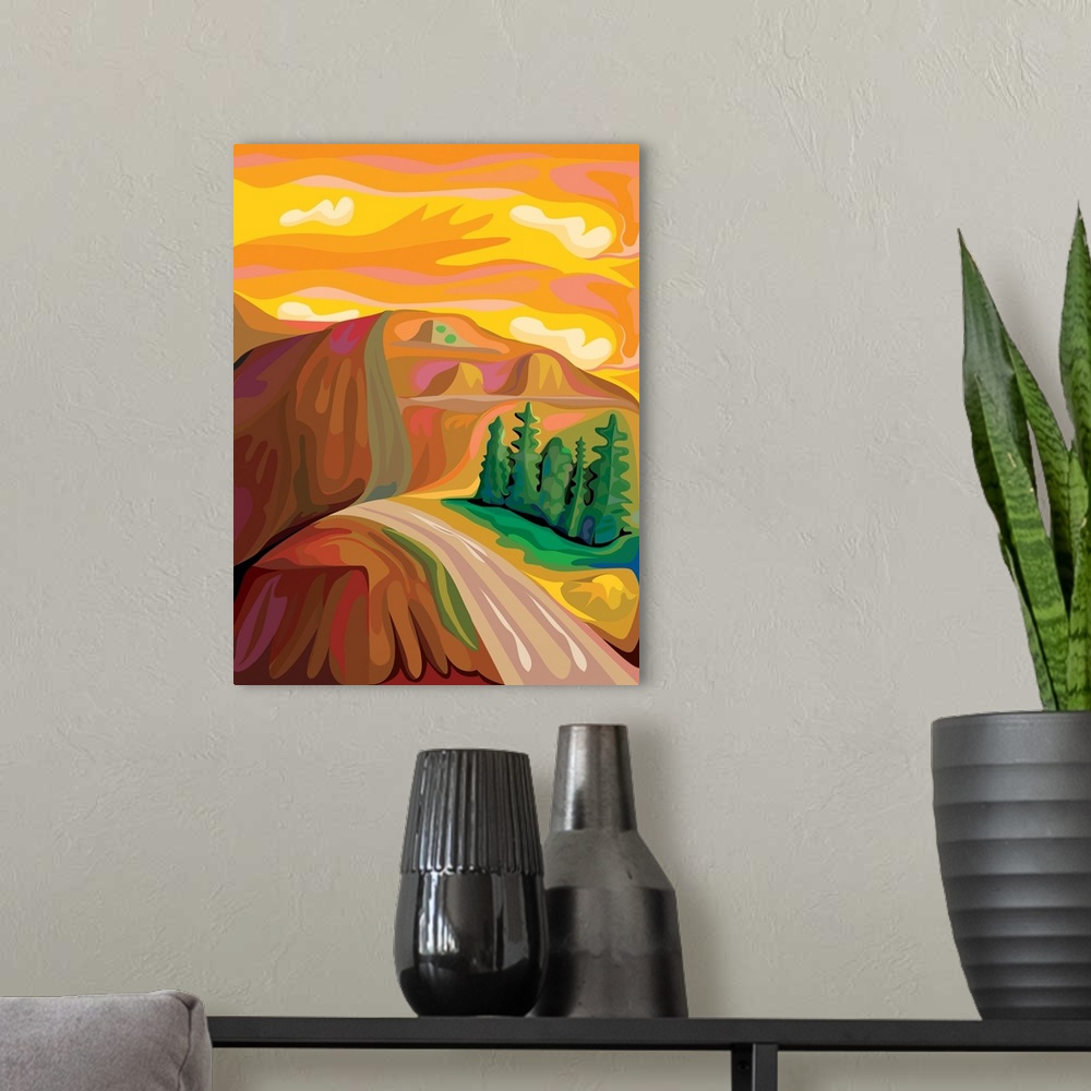 A modern room featuring A vertical illustration of a road along a mountain with a vibrant yellow and gold sky.