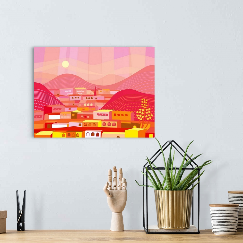 A bohemian room featuring Brightly colored and abstract impression of mountain town in Mexico.