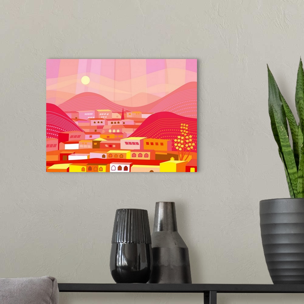 A modern room featuring Brightly colored and abstract impression of mountain town in Mexico.