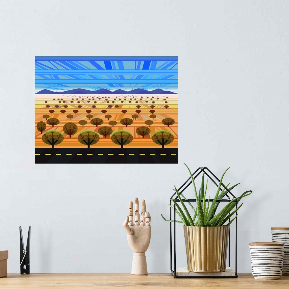 A bohemian room featuring A digital illustration of a field full of trees in the country side.