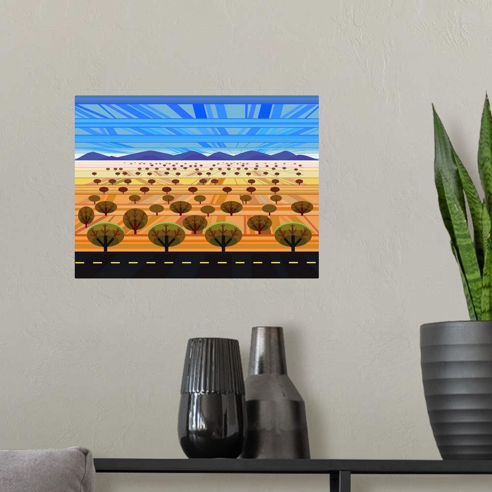 A modern room featuring A digital illustration of a field full of trees in the country side.