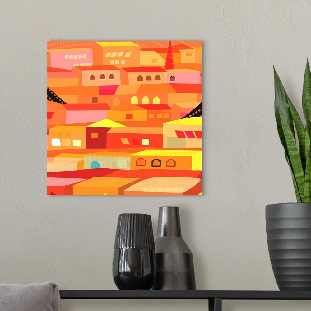 A modern room featuring Artistic digital illustration in hues of vibrant orange of a village along a hillside.