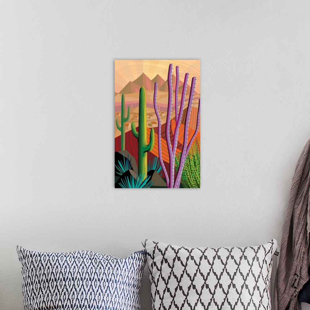 A bohemian room featuring Vertical digital illustration in vibrant colors of Tucson, Arizona.