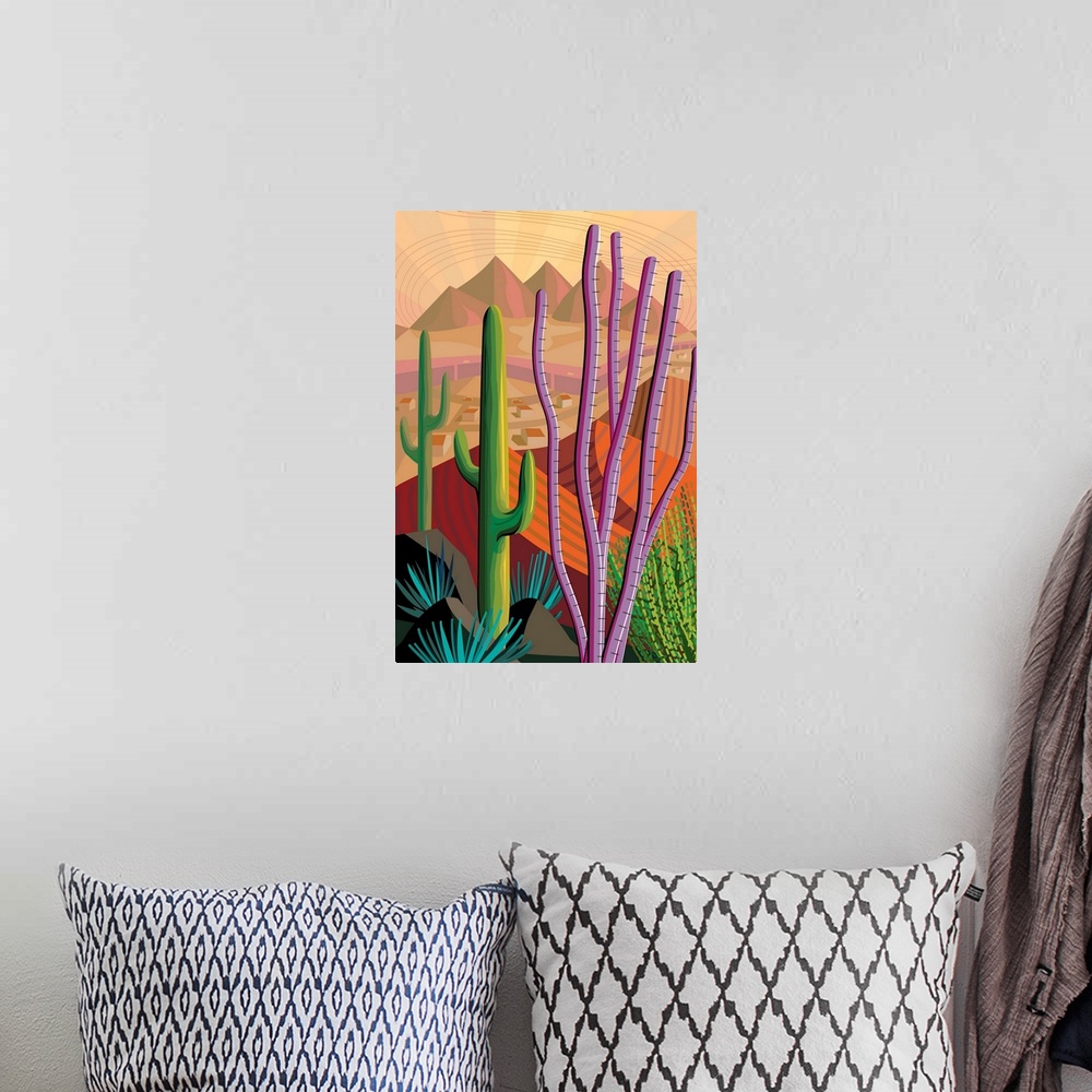 A bohemian room featuring Vertical digital illustration in vibrant colors of Tucson, Arizona.