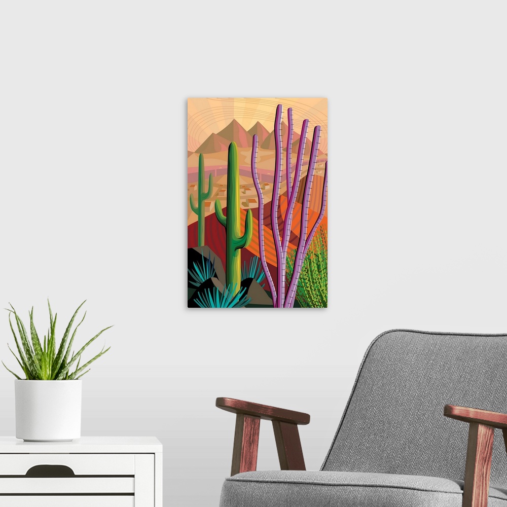 A modern room featuring Vertical digital illustration in vibrant colors of Tucson, Arizona.