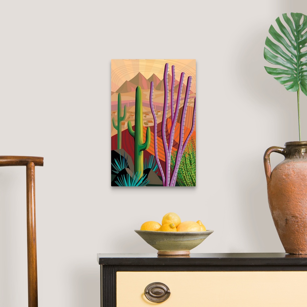 A traditional room featuring Vertical digital illustration in vibrant colors of Tucson, Arizona.