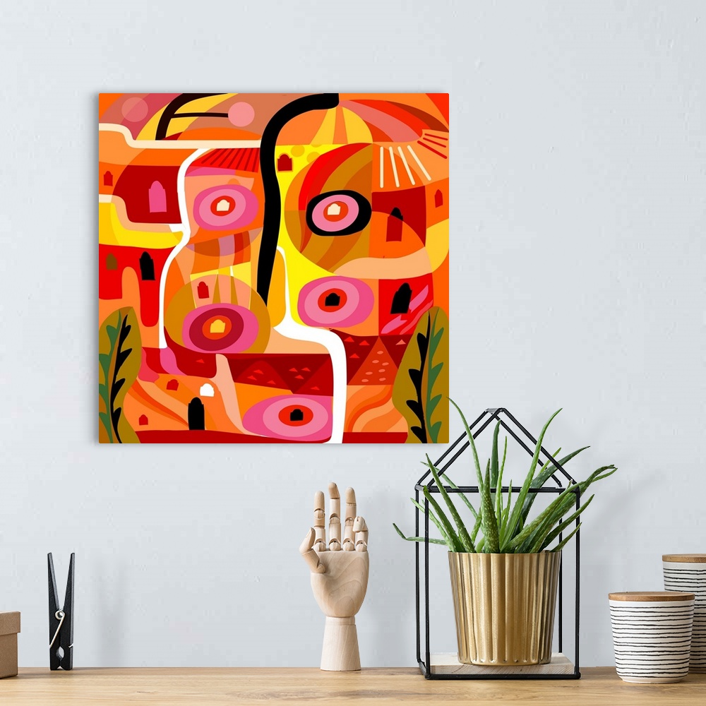 A bohemian room featuring A square digital illustration of various shapes in bright shades of orange and pink.