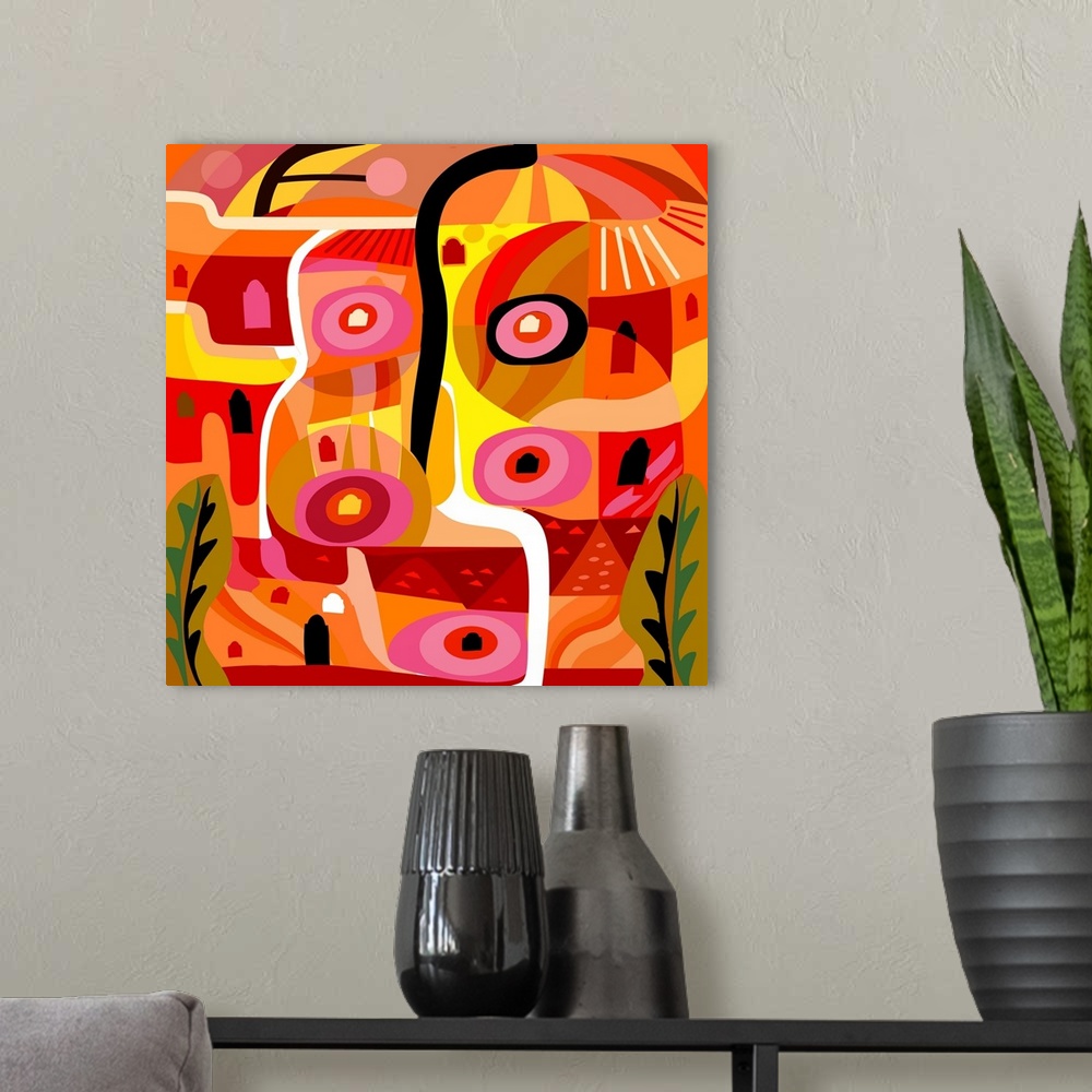 A modern room featuring A square digital illustration of various shapes in bright shades of orange and pink.
