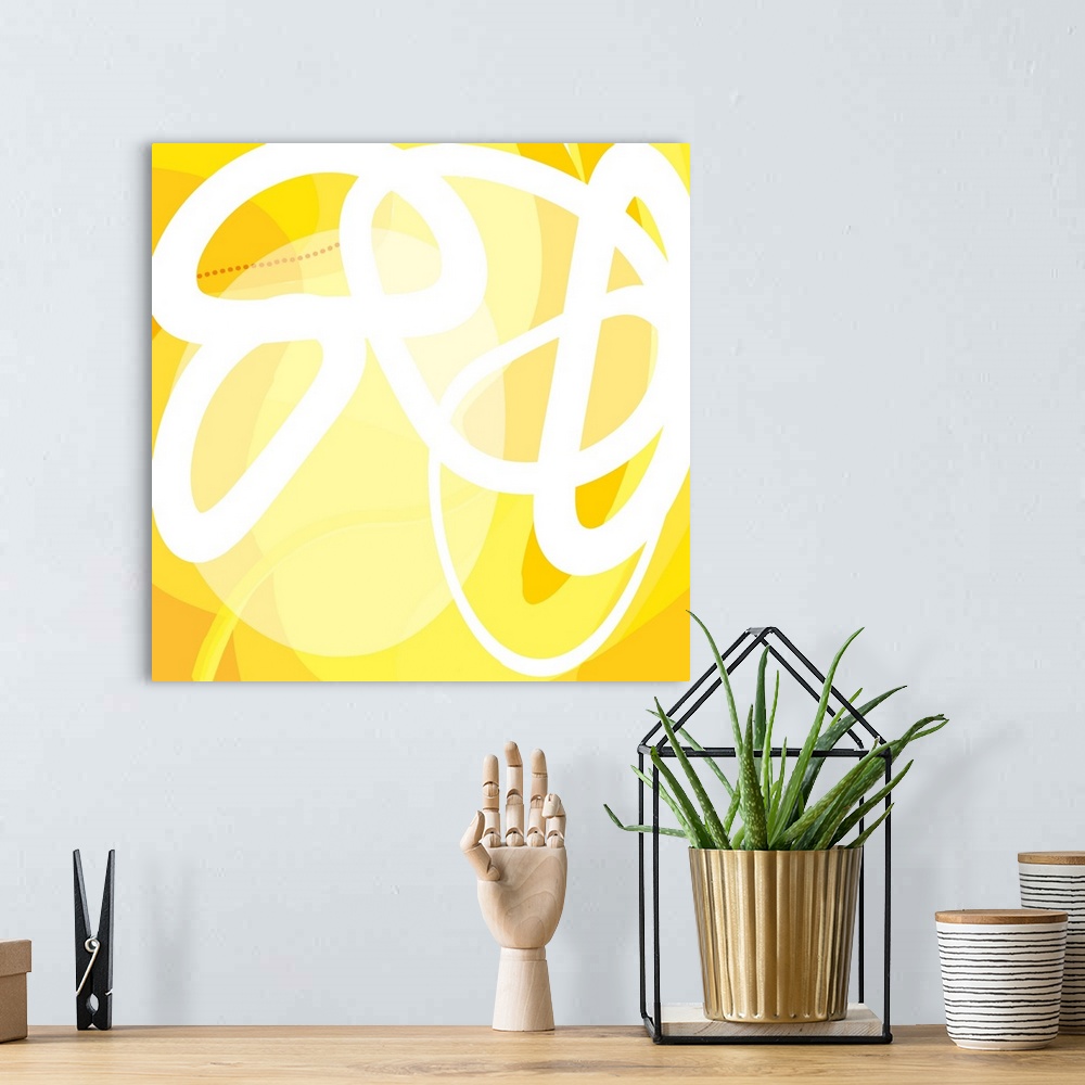 A bohemian room featuring A square abstract design of curved lines and circular shapes on a yellow background.