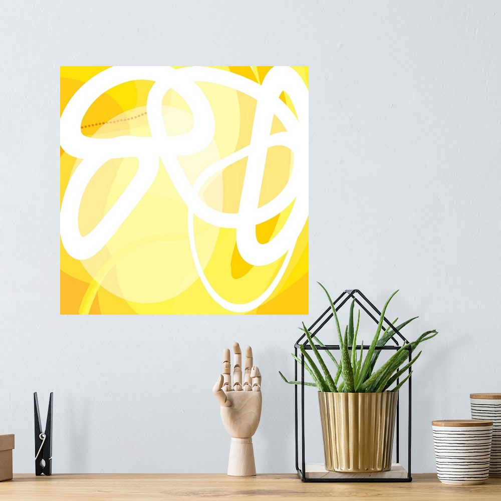 A bohemian room featuring A square abstract design of curved lines and circular shapes on a yellow background.