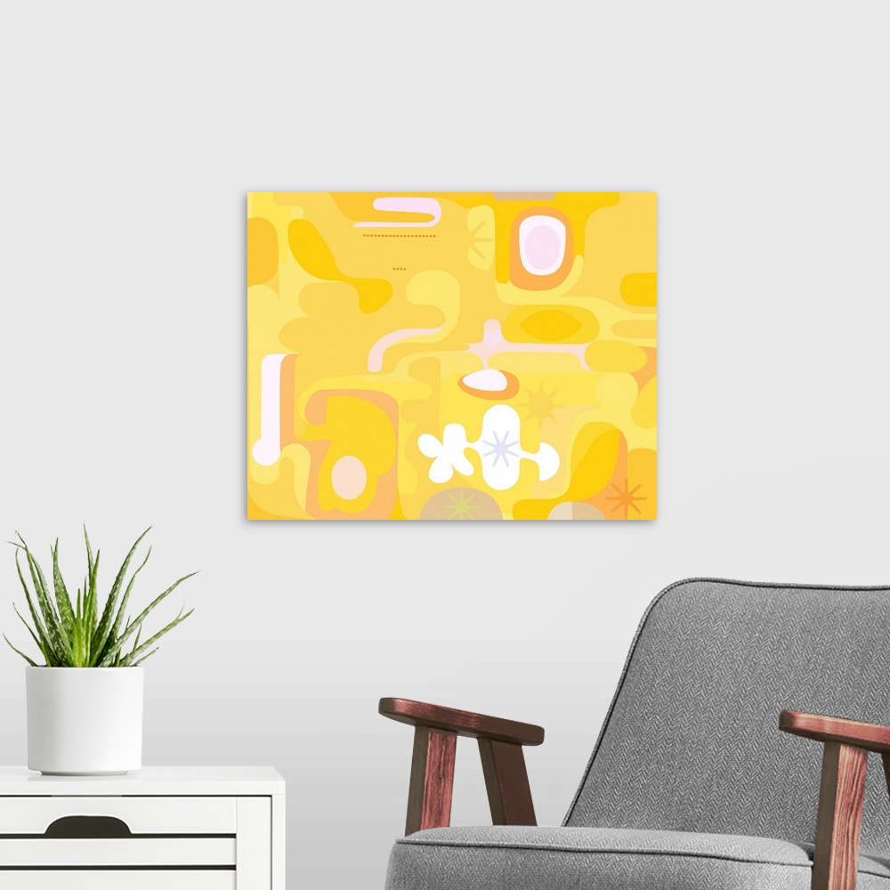A modern room featuring Abstract yellow illustration painting background with circular motion.