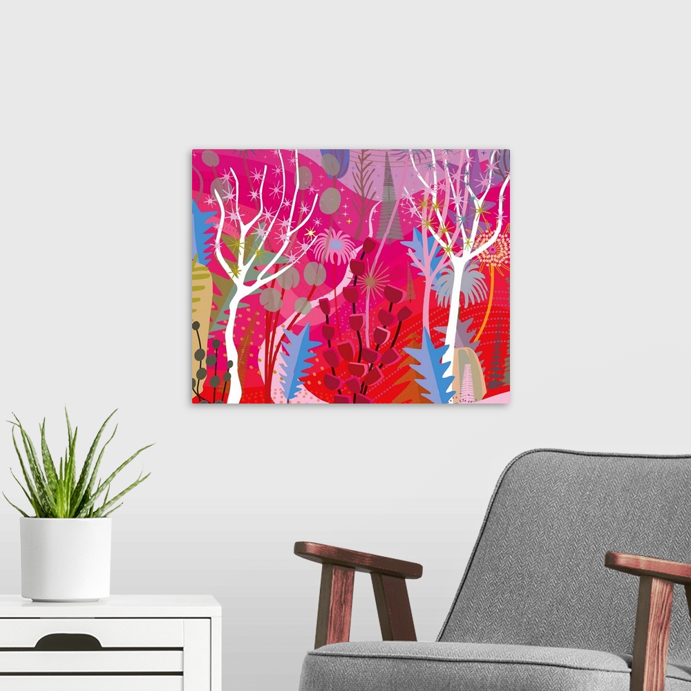 A modern room featuring Red Magenta Forest Landscape