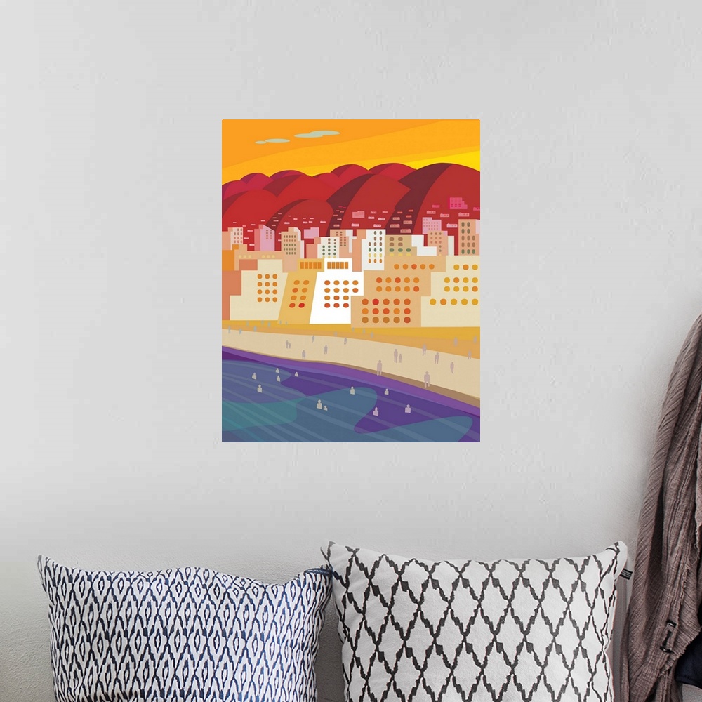A bohemian room featuring Sunset at a resort in a warm climate. Illustration and painting