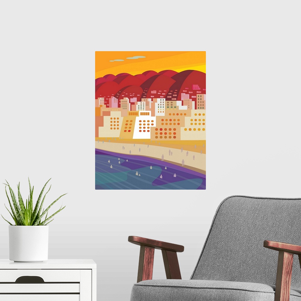 A modern room featuring Sunset at a resort in a warm climate. Illustration and painting