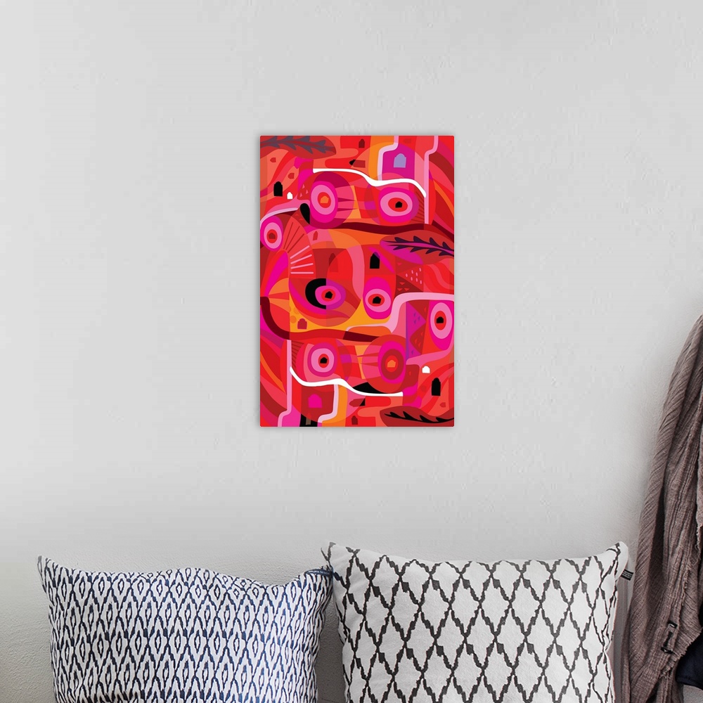 A bohemian room featuring A digital abstract design with circular shapes in vibrant shades of pink and red.