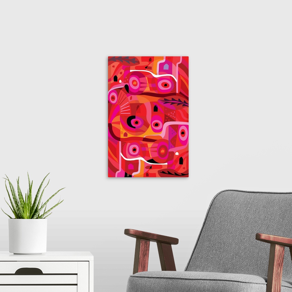 A modern room featuring A digital abstract design with circular shapes in vibrant shades of pink and red.