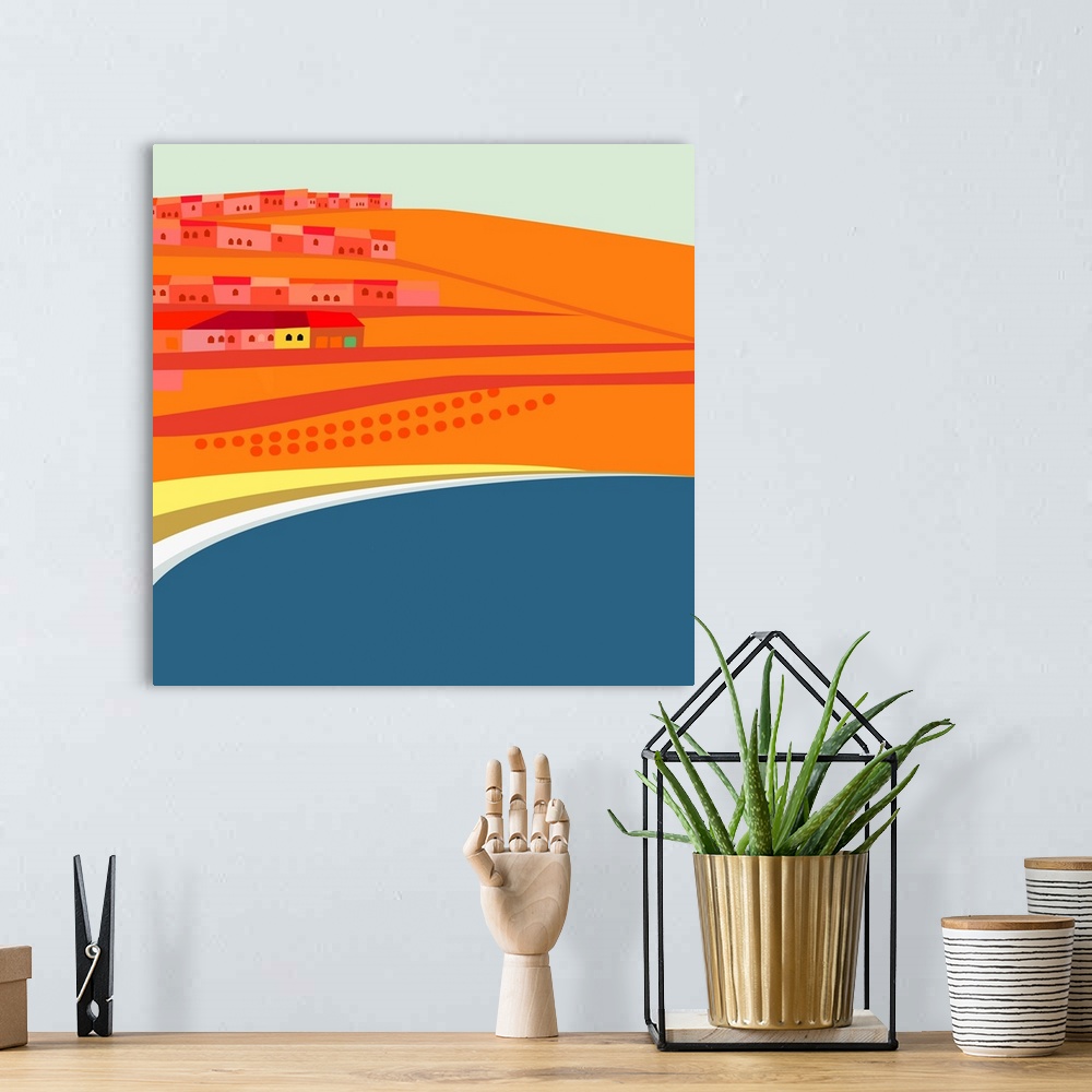 A bohemian room featuring Artistic digital illustration in hues of vibrant orange of Rosarito Beach in Mexico.