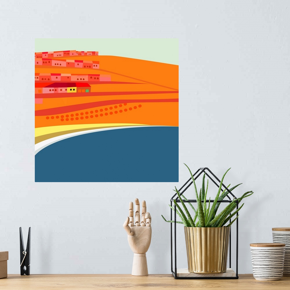A bohemian room featuring Artistic digital illustration in hues of vibrant orange of Rosarito Beach in Mexico.