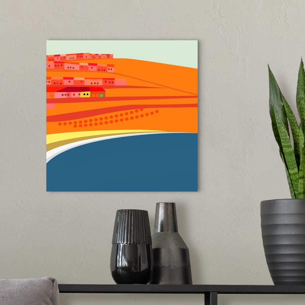 A modern room featuring Artistic digital illustration in hues of vibrant orange of Rosarito Beach in Mexico.