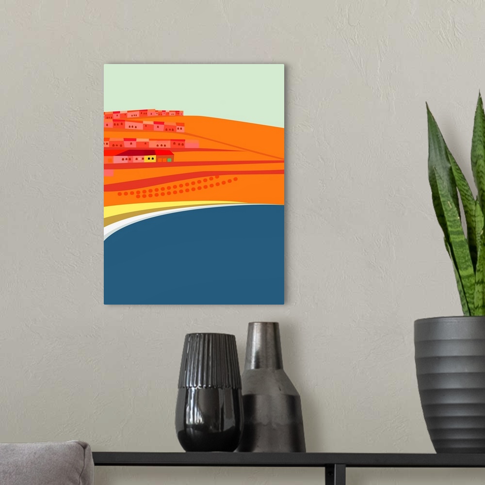 A modern room featuring Artistic digital illustration in hues of vibrant orange of Rosarito Beach in Mexico.