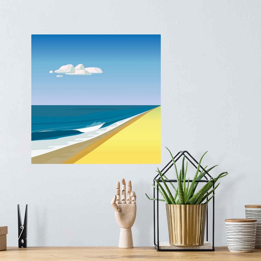 A bohemian room featuring A simple, clean illustration of waves on a beach and a single cloud.